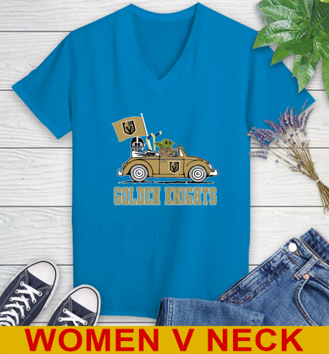 NHL Hockey Vegas Golden Knights Darth Vader Baby Yoda Driving Star Wars Shirt Women's V-Neck T-Shirt 8