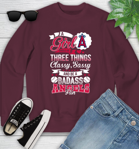 Los Angeles Angels MLB Baseball A Girl Should Be Three Things Classy Sassy And A Be Badass Fan Youth Sweatshirt 4