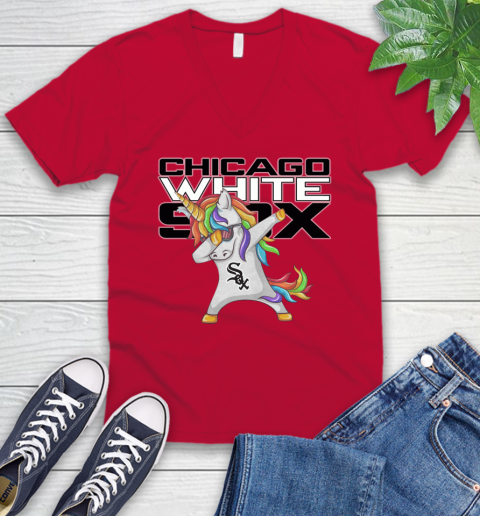 Chicago White Sox MLB Baseball Funny Unicorn Dabbing Sports V-Neck T-Shirt 8