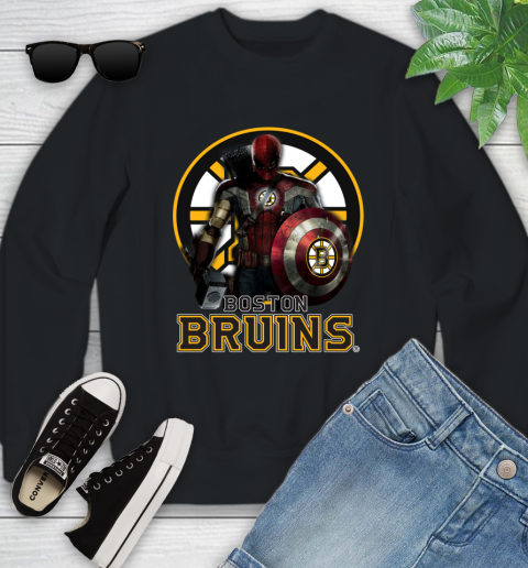 NHL Captain America Thor Spider Man Hawkeye Avengers Endgame Hockey Boston Bruins Youth Sweatshirt 2