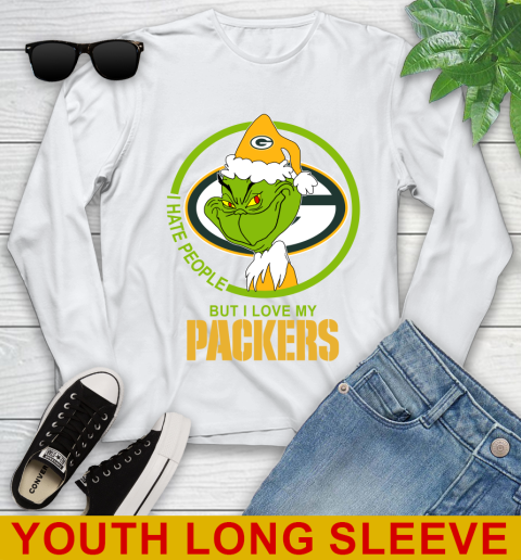 Green Bay Packers NFL Christmas Grinch I Hate People But I Love My Favorite Football Team Youth Long Sleeve