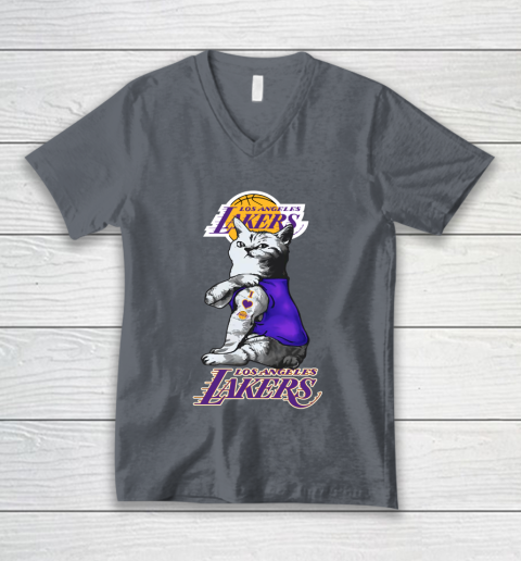 NBA Basketball My Cat Loves Los Angeles Lakers V-Neck T-Shirt 4