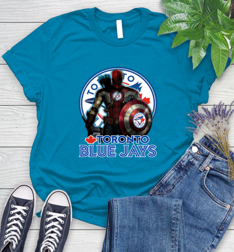 MLB Captain America Thor Spider Man Hawkeye Avengers Endgame Baseball Toronto Blue Jays Women's T-Shirt 7