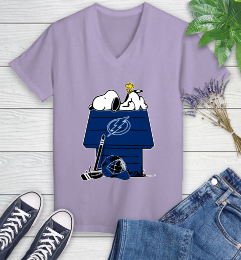 Tampa Bay Lightning NHL Hockey Snoopy Woodstock The Peanuts Movie Women's V-Neck T-Shirt 14