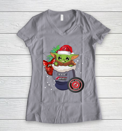New Jersey Devils Christmas Baby Yoda Star Wars Funny Happy NHL Women's V-Neck T-Shirt 4