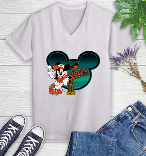 MLB Baltimore Orioles The Commissioner's Trophy Mickey Mouse Disney Women's V-Neck T-Shirt