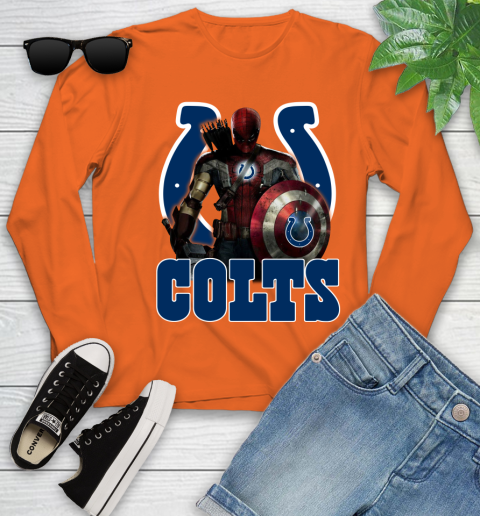 NFL Captain America Thor Spider Man Hawkeye Avengers Endgame Football Indianapolis Colts Youth Long Sleeve 4