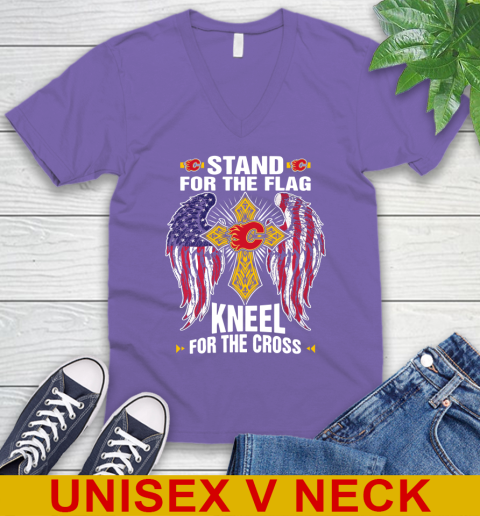 NHL Hockey Calgary Flames Stand For Flag Kneel For The Cross Shirt V-Neck T-Shirt 8