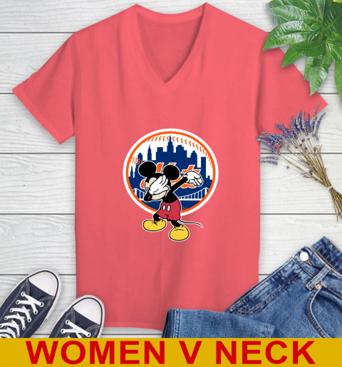 New York Mets MLB Baseball Dabbing Mickey Disney Sports Women's V-Neck T-Shirt 7