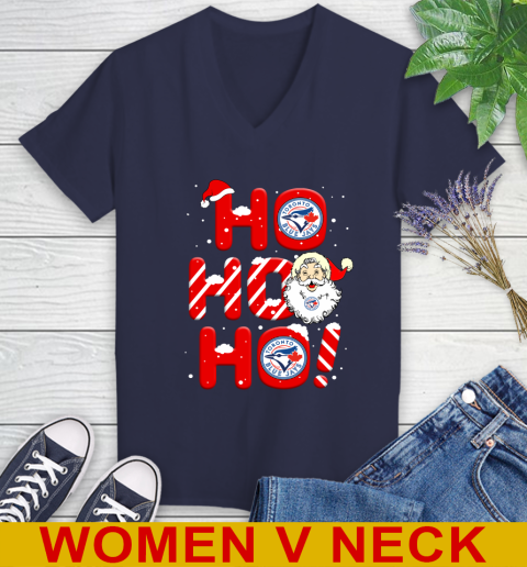 Toronto Blue Jays MLB Baseball Ho Ho Ho Santa Claus Merry Christmas Shirt Women's V-Neck T-Shirt 12