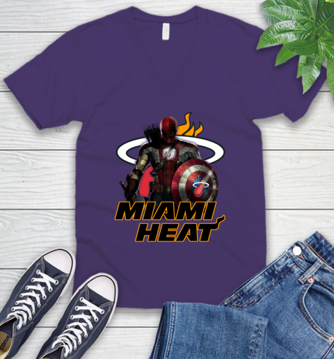 Miami Heat NBA Basketball Captain America Thor Spider Man Hawkeye Avengers V-Neck T-Shirt 10