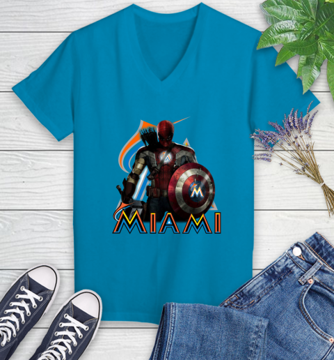 MLB Captain America Thor Spider Man Hawkeye Avengers Endgame Baseball Miami Marlins Women's V-Neck T-Shirt 7