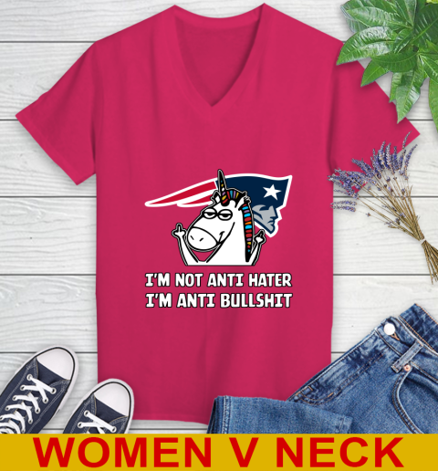 New England Patriots NFL Football Unicorn I'm Not Anti Hater I'm Anti Bullshit Women's V-Neck T-Shirt 10