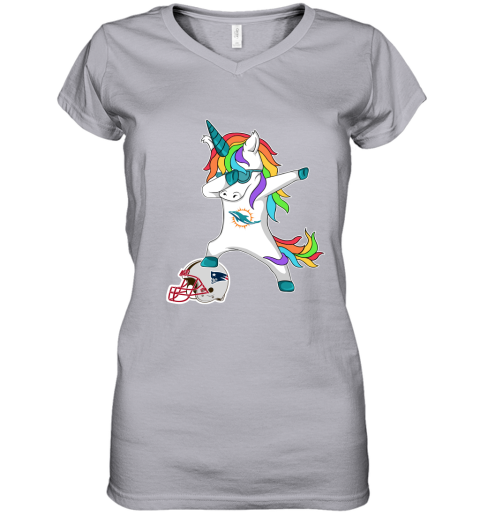 Football Dabbing Unicorn Steps On Helmet Miami Dolphins Women's V-Neck T-Shirt