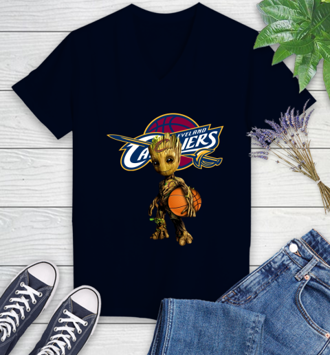 Cleveland Cavaliers NBA Basketball Groot Marvel Guardians Of The Galaxy Women's V-Neck T-Shirt 3