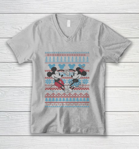 Disney Mickey And Minnie Mouse Christmas Ugly Sweater Style V-Neck T-Shirt 3