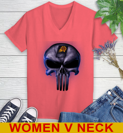 Phoenix Suns NBA Basketball Punisher Skull Sports Women's V-Neck T-Shirt 6