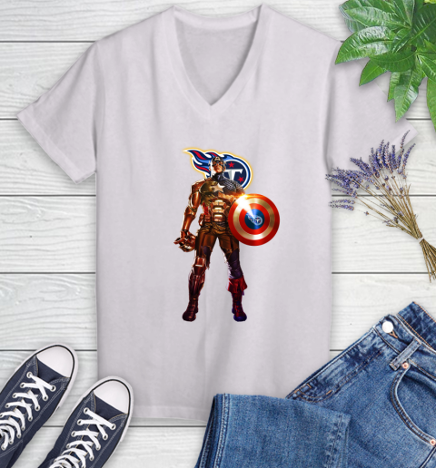 NFL Captain America Marvel Avengers Endgame Football Sports Tennessee Titans Women's V-Neck T-Shirt