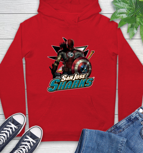 NHL Captain America Thor Spider Man Hawkeye Avengers Endgame Hockey San Jose Sharks Hoodie Tee For Sports