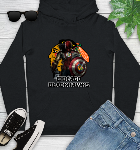 NHL Captain America Thor Spider Man Hawkeye Avengers Endgame Hockey Chicago Blackhawks Youth Hoodie 2