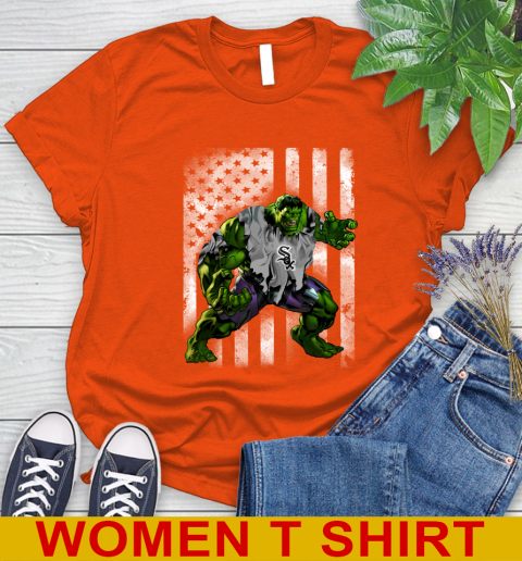 Chicago White Sox Hulk Marvel Avengers MLB Baseball American Flag Women's T-Shirt 3