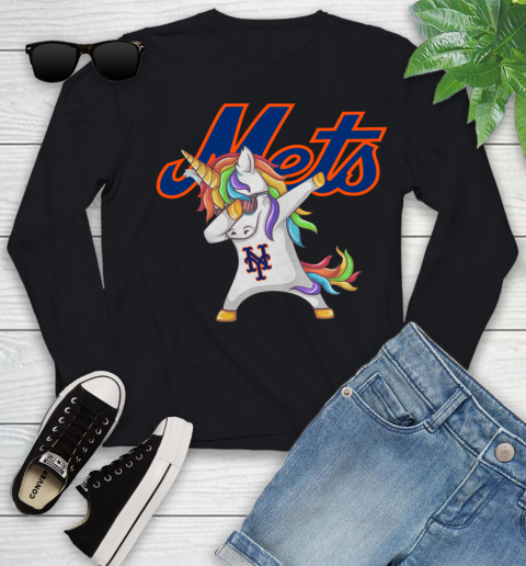 New York Mets MLB Baseball Funny Unicorn Dabbing Sports Youth Long Sleeve 2