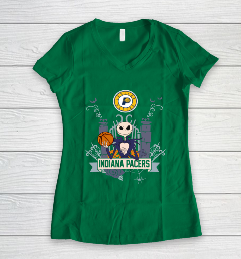NBA Indiana Pacers Basketball Jack Skellington Halloween Women's V-Neck T-Shirt 3