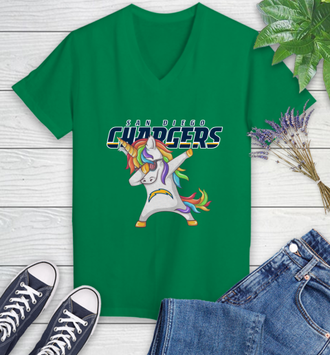 Los Angeles Chargers NFL Football Funny Unicorn Dabbing Sports Women's V-Neck T-Shirt 5