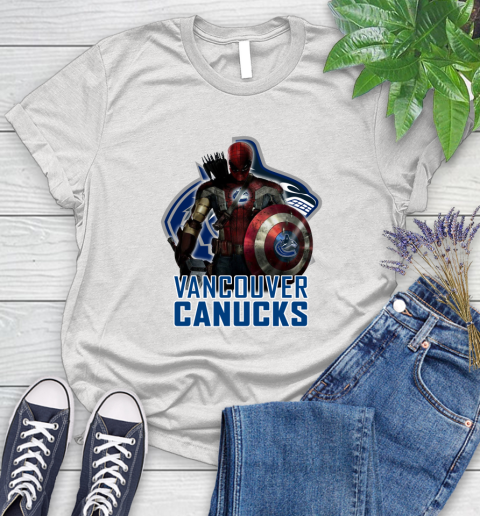 NHL Captain America Thor Spider Man Hawkeye Avengers Endgame Hockey Vancouver Canucks Women's T-Shirt