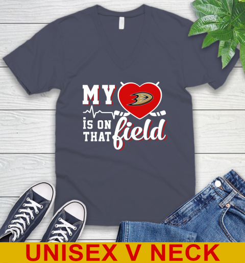 NHL My Heart Is On That Field Hockey Sports Anaheim Ducks V-Neck T-Shirt 7