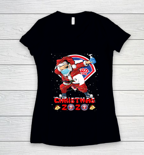 Philadelphia Phillies Funny Santa Claus Dabbing Christmas 2020 MLB Women's V-Neck T-Shirt
