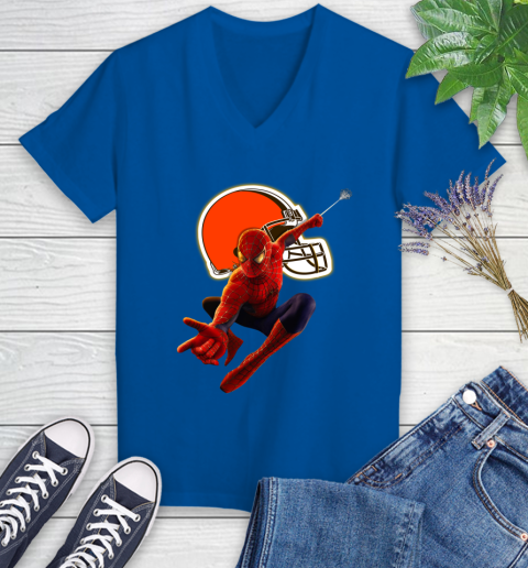 NFL Spider Man Avengers Endgame Football Cleveland Browns Women's V-Neck T-Shirt 10