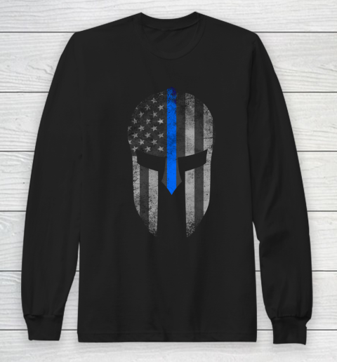 Thin Blue Line American Flag Spartan Helm Long Sleeve T-Shirt