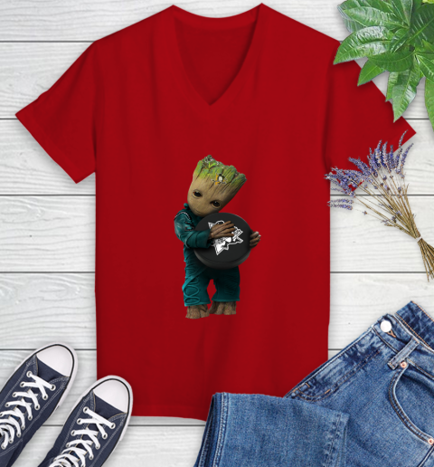 NHL Groot Guardians Of The Galaxy Hockey Sports Pittsburgh Penguins Women's V-Neck T-Shirt 12