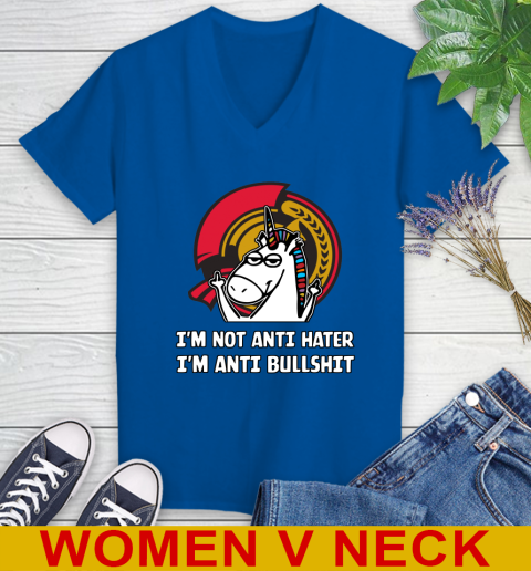 Ottawa Senators NHL Hockey Unicorn I'm Not Anti Hater I'm Anti Bullshit Women's V-Neck T-Shirt 11
