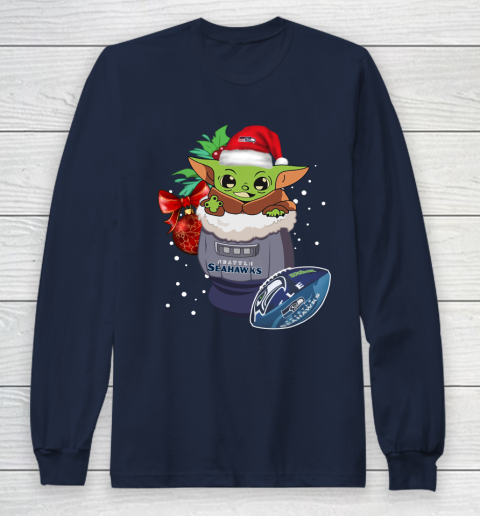 Seattle Seahawks Christmas Baby Yoda Star Wars Funny Happy NFL Long Sleeve T-Shirt 4