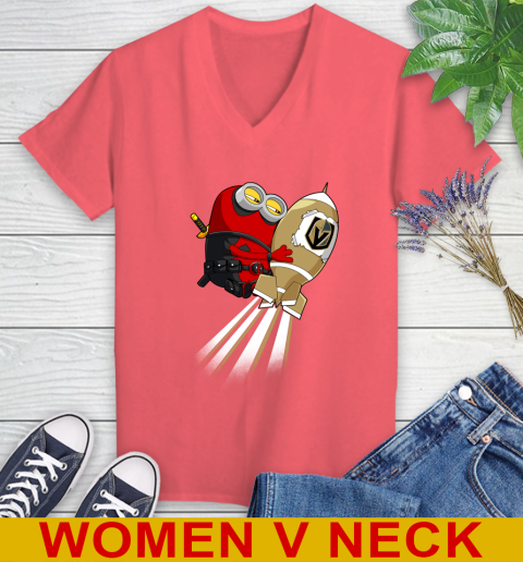 NHL Hockey Vegas Golden Knights Deadpool Minion Marvel Shirt Women's V-Neck T-Shirt 6