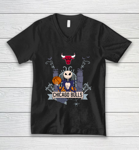 NBA Chicago Bulls Basketball Jack Skellington Halloween V-Neck T-Shirt