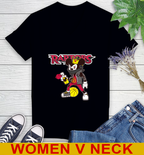 Toronto Raptors NBA Basketball Mickey Peace Sign Sports Women's V-Neck T-Shirt 2