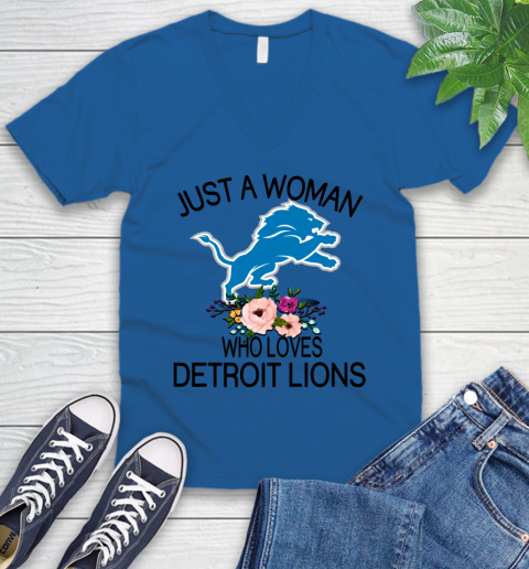 NFL Just A Woman Who Loves Detroit Lions Football Sports V-Neck T-Shirt 3