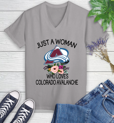 NHL Just A Woman Who Loves Colorado Avalanche Hockey Sports Women's V-Neck T-Shirt 2