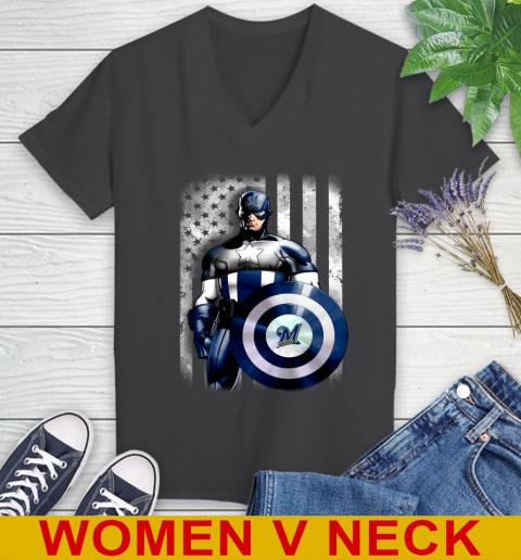 Milwaukee Brewers MLB Baseball Captain America Marvel Avengers American Flag Shirt Women's V-Neck T-Shirt 9 Milwaukee Brewers MLB Baseball Captain America Marvel Avengers American Flag Shirt Women's V-Neck T-Shirt - Image 9