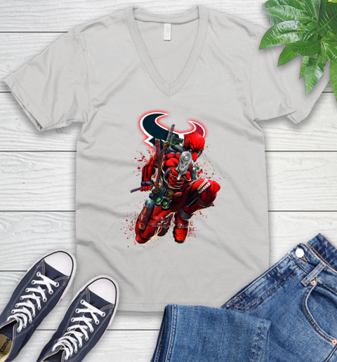 NFL Deadpool Marvel Comics Sports Football Houston Texans V-Neck T-Shirt