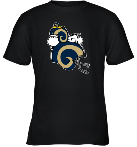 Snoopy And Woodstock Resting On Los Angeles Rams Helmet Youth T-Shirt