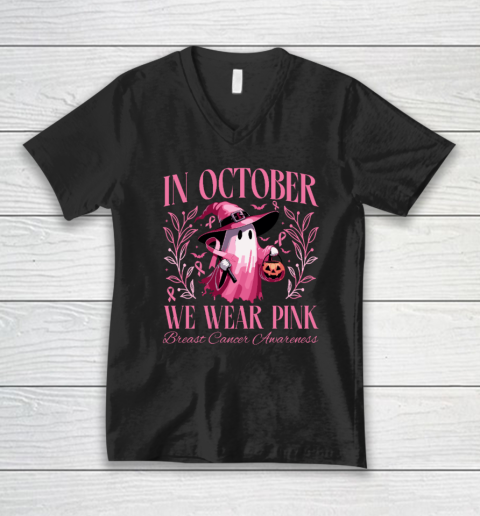 In October We Wear Pink Witch Ghost Pumpkin Breast Cancer V-Neck T-Shirt
