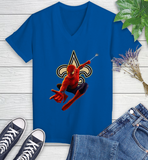 NFL Spider Man Avengers Endgame Football New Orleans Saints Women's V-Neck T-Shirt 10