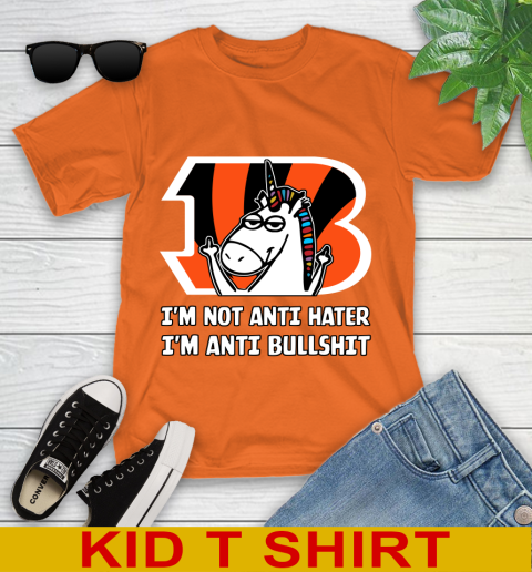 Cincinnati Bengals NFL Football Unicorn I'm Not Anti Hater I'm Anti Bullshit Youth T-Shirt 7