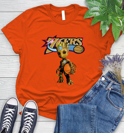 Philadelphia 76ers NBA Basketball Groot Marvel Guardians Of The Galaxy Women's T-Shirt 4