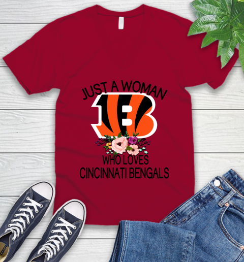 NFL Just A Woman Who Loves Cincinnati Bengals Football Sports V-Neck T-Shirt 5