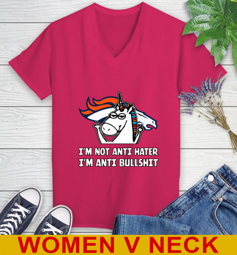 Denver Broncos NFL Football Unicorn I'm Not Anti Hater I'm Anti Bullshit Women's V-Neck T-Shirt 10